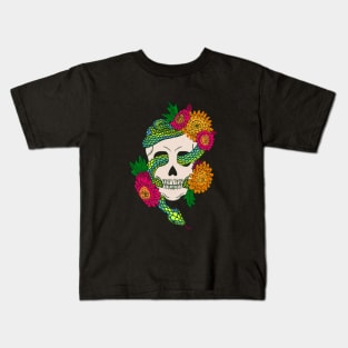 Floral Skull Snake - Deep Emerald Kids T-Shirt